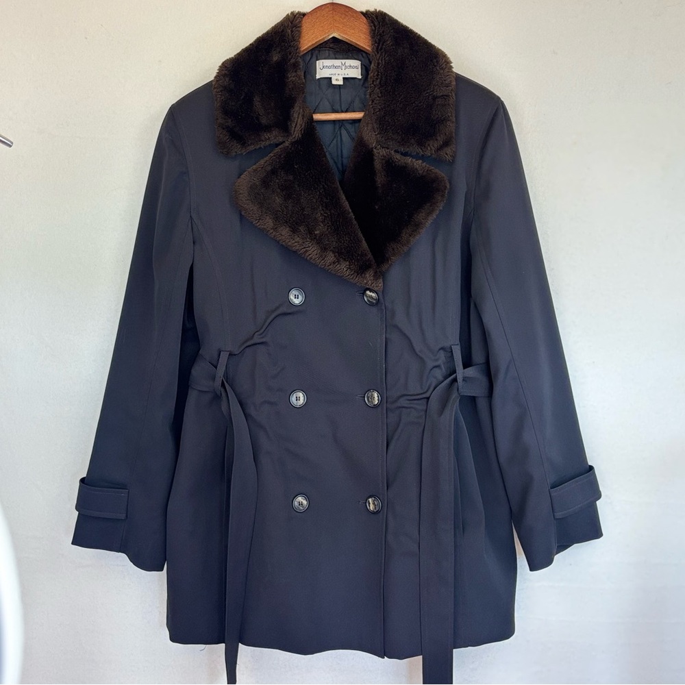 VINTAGE Women's Penny Lane Trench Coat Black Brown Faux Fur Collar 70s Medium 6